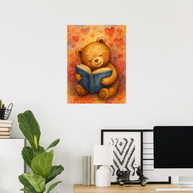 Poster Ours lisant amoureux - Art aquarelle (Sans texte) (Bureau à domicile)