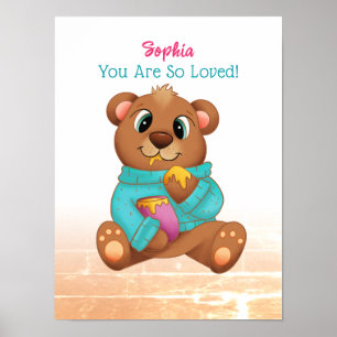 Poster Ours mignon mangeant du miel, nom de l'enfant et m