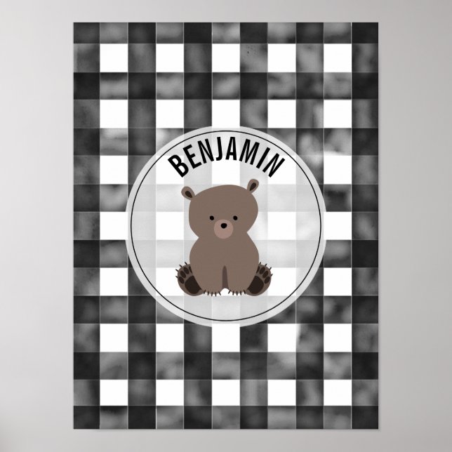 Poster Ours Noir + Blanc En vichy Baby Nursery (Devant)