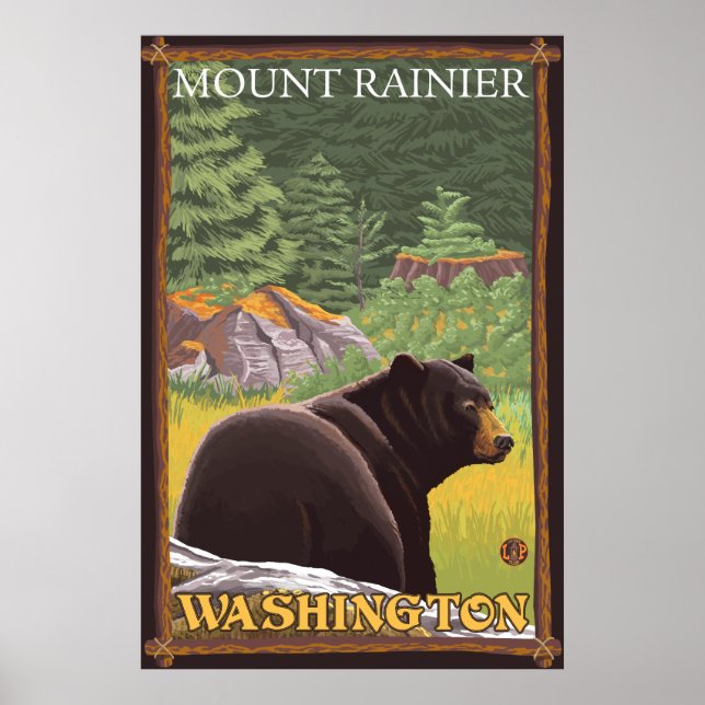 Poster Ours noir en forêt - Mount Rainier, Washington (Devant)