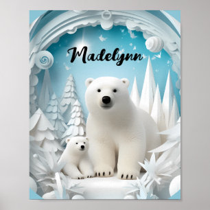 Poster Ours polaire avec petit Océan Arctique Hiver blanc