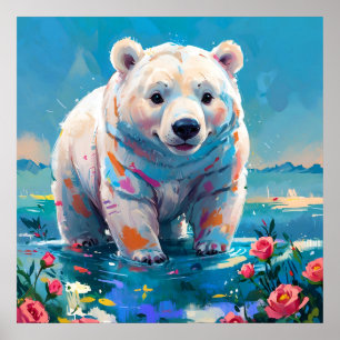 Poster Ours polaire blanc mignon avec peinture de roses