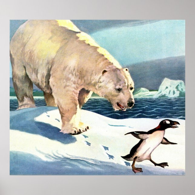 Poster Ours polaire et manchot des années 1940 (Devant)