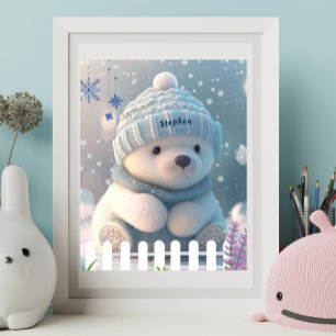 Poster Ours polaire mignon en Casquette bleu neige Écarf