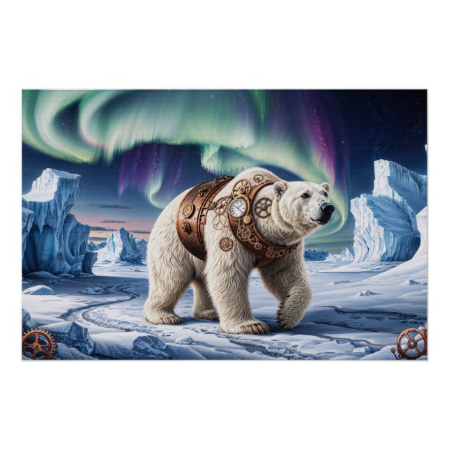 Poster Ours polaire vapeur et Aurora Art (Devant)