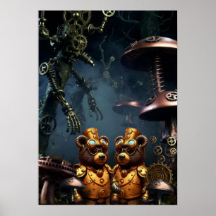 Poster Ours Steampunk dans l'art fantastique de la forêt