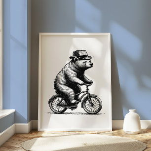 Poster Ours vintage sur vélo Whimsical noir et blanc