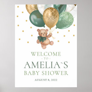 Poster Ourson en peluche Vert Sauge Bienvenue Baby Shower