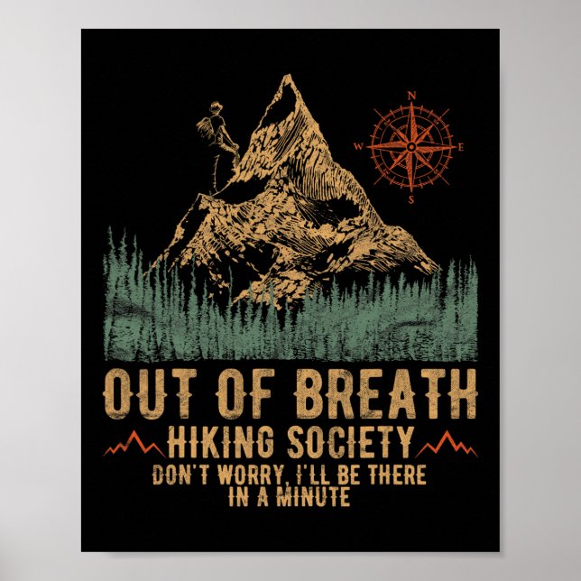 Poster Out Of Breath Hiking Society Funny Mountain Climbi (Devant)