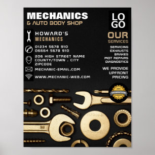 Poster Outils Or, Auto Mécanique & Réparations Publicité