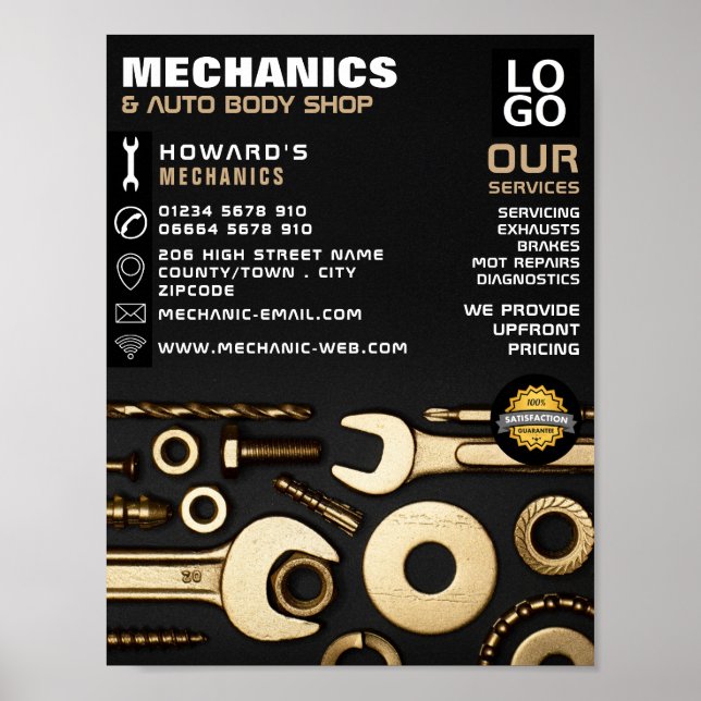 Poster Outils Or, Auto Mécanique & Réparations Publicité (Devant)