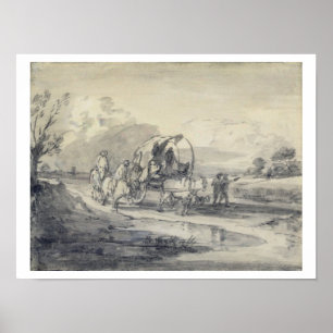 Poster Ouvrez le paysage avec le berger et le chariot