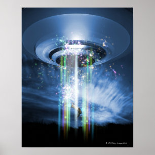 Poster OVNI survolant la Terre en enlevant des humains.