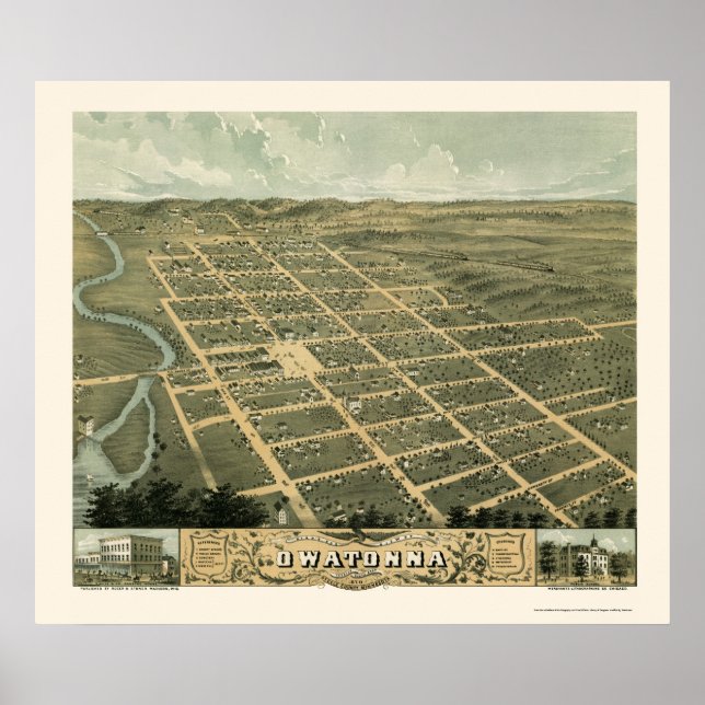 Poster Owatonna, MN Carte panoramique - 1870 (Devant)