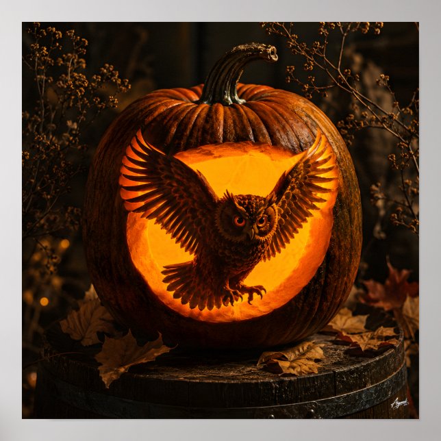 Poster Owl Silhouette Rustic Pumpkin (Devant)