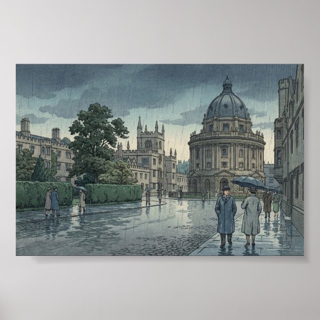Poster Oxford University in Rain Japanese Woodblock Print (Devant)