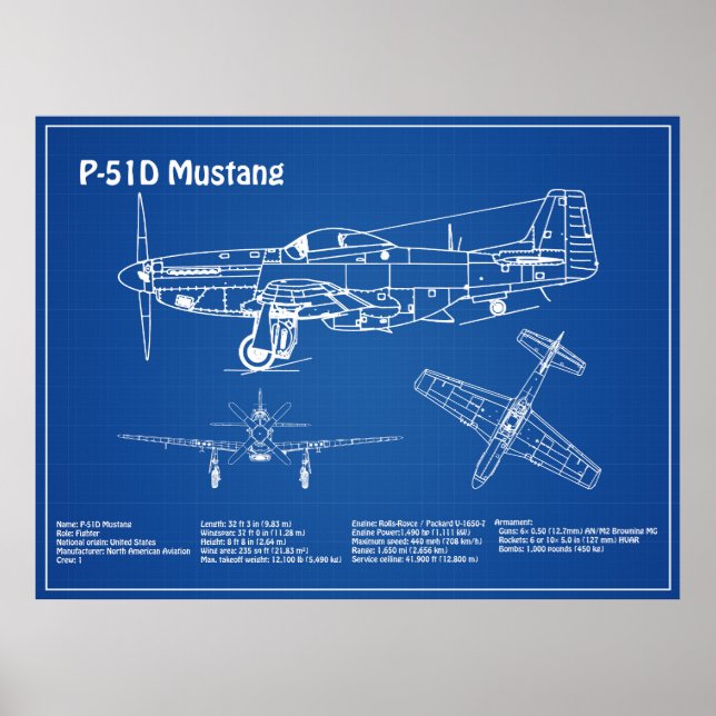 Poster P-51D Mustang - Plan directeur de l'avion AD (Devant)