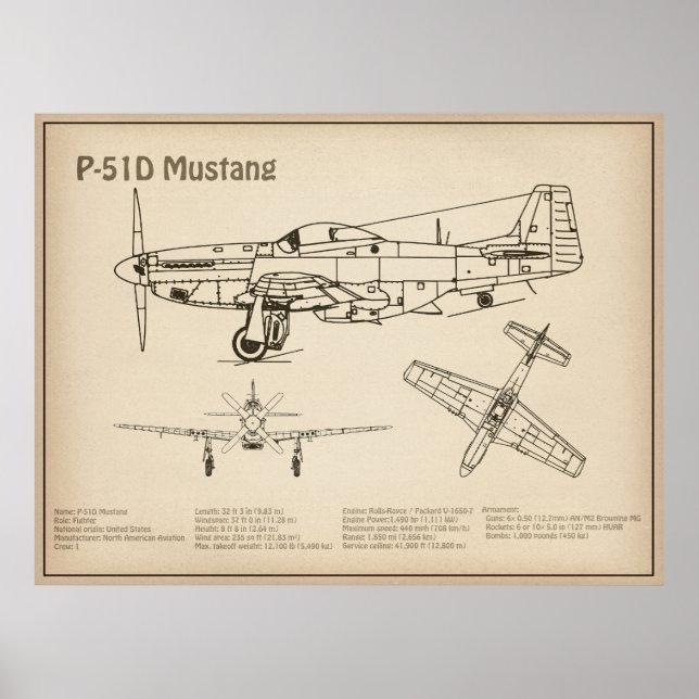 Poster P-51D Mustang - Plan directeur de l'avion SD (Devant)