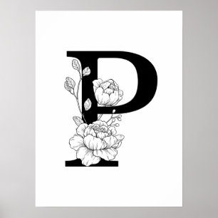 Poster P monogramme botanique. Lettre initiale avec pivoi