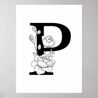 Poster P monogramme botanique. Lettre initiale avec pivoi