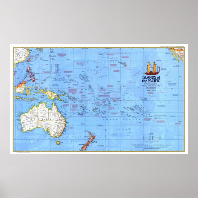 Poster " Pacifique : 1974 - Île détaillée Carte ... (Devant)