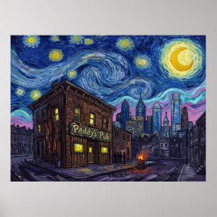 Poster Paddys Pub Nuit Étoilée Paysage Télévisé