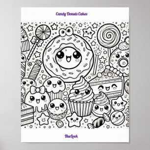 Poster page de coloriage de beignets en bonbons gâteaux