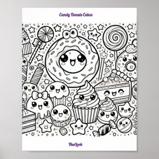 Poster page de coloriage de beignets en bonbons gâteaux