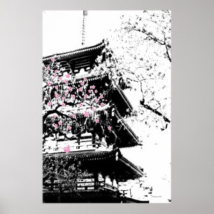 Poster Pagode japonaise noir/blanc avec fleurs de cerisie