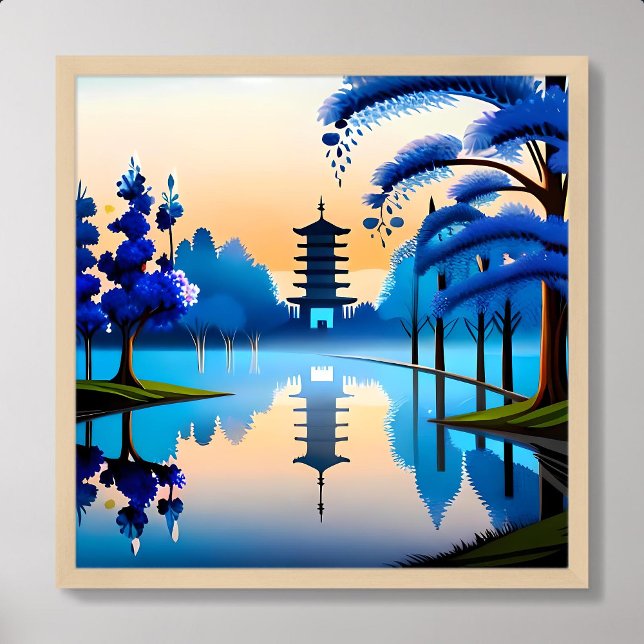Poster pagode peinture bâtiment japonais lever de soleil  (pagoda painting japan building sunrise look bluish)