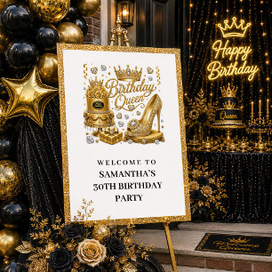 Poster Pailleté d'or noir élégant Reine de la fête d'anni
