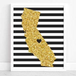 Poster Paillettes dorées Californie Rayures noires et bla