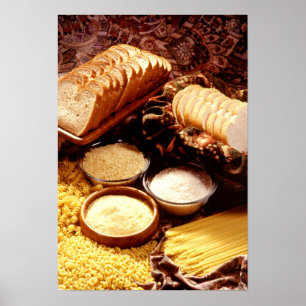 Poster Pain coupé en tranches, farine, riz, et pâtes