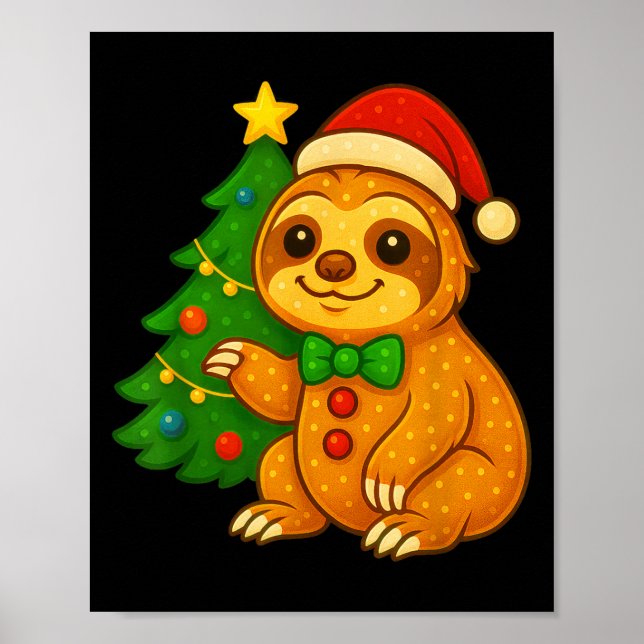 Poster Pain d'épice homme Sloth Santa Hat sapin de Noël (Devant)