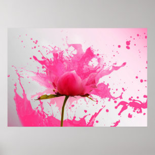 Poster Paint Splatter Abstrait Fleur Rose