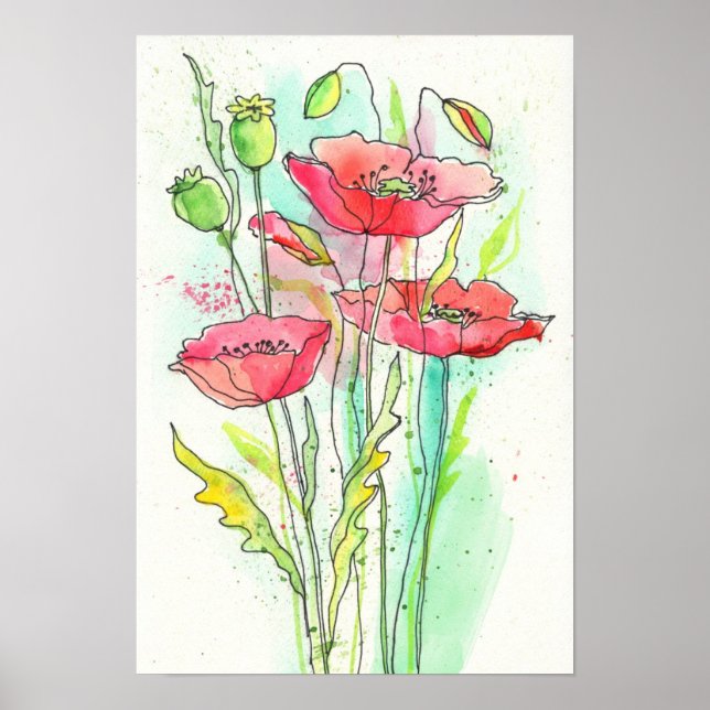 Poster Painted watercolor poppies (Devant)
