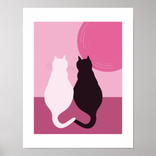 Poster Paire de chats noirs et blancs mignons au coucher
