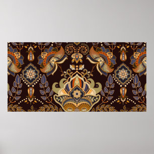 Poster Paisley floral seamless pattern. Dark backdrop wit