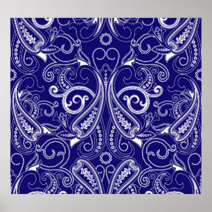 Poster Paisley monochrome : bleu, blanc élégance.