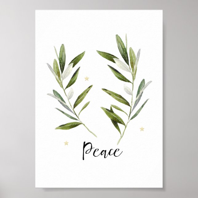Poster PAIX feuille d'olive Noël Vacances aquarelle (Devant)