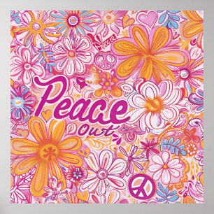 Poster Paix Hippie Fleurie Signe de Paix Motif Rétro