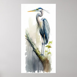 Poster Pâle Majesté Grand Héron Bleu Perché AI Nature