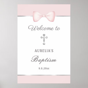 Poster Pale Rose Bow Baptême Bienvenue