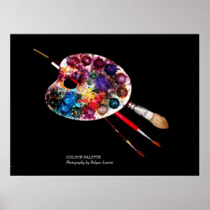 POSTER PALETTE DE COULEURS D'ARTISTE ET PINCEAUX EN NOIR