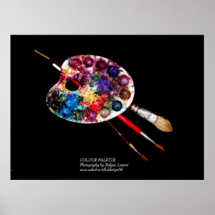 POSTER PALETTE DE COULEURS D'ARTISTE ET PINCEAUX EN NOIR