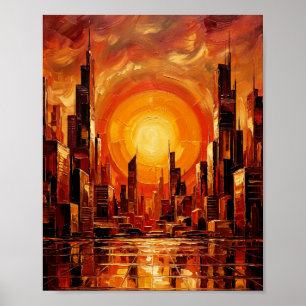Poster Palette de couteau de paysage urbain au coucher du