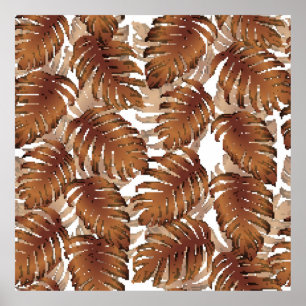 Poster Palm Monstera Seamless Pattern. Orange White Tropi