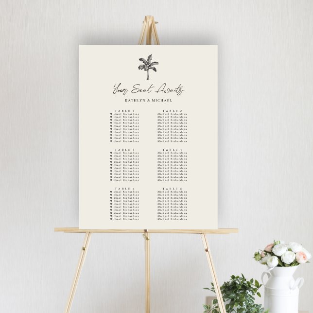 Poster Palm Tree Beach Wedding 6 Table Seating Chart (Créateur téléchargé)