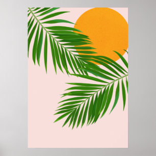 Poster Palme de coucher de soleil tropicale Rétro Feuille
