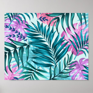 Poster Palme rose et Turquoise Tropical & Monstera Feuill